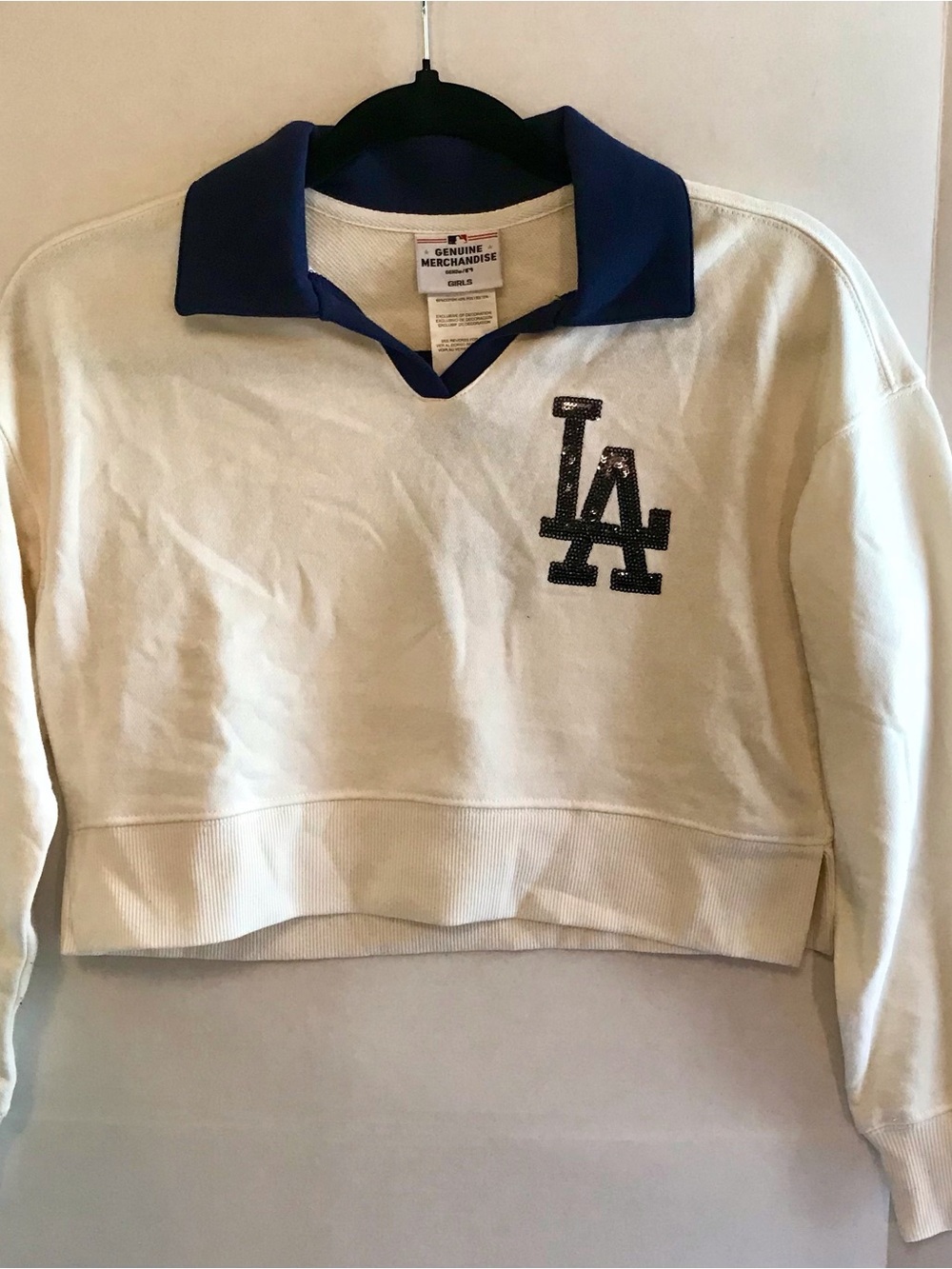 Girls Youth White Los Angeles Dodgers Ballpark Hit Collared V-Neck Pullover Crop
